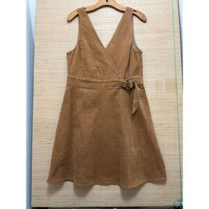 Copper Key Tan Brown Corduroy Wrap Pinafore Dress V-Neck D-Ring Belt Large